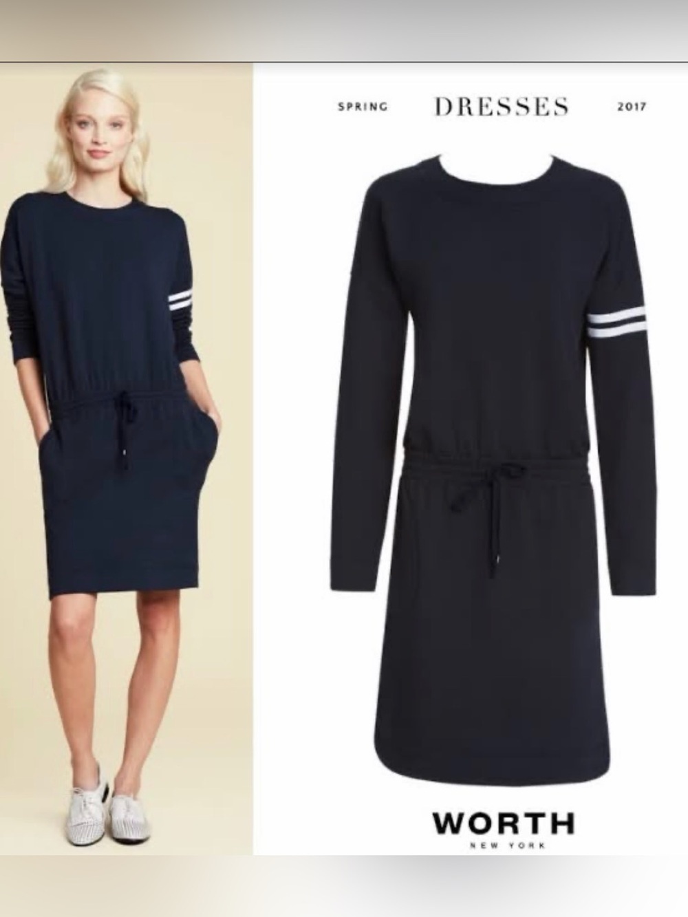 Worth Navy Blue Long Sleeve Mini Dress with White Sleeve Stripes Preppy Athletic